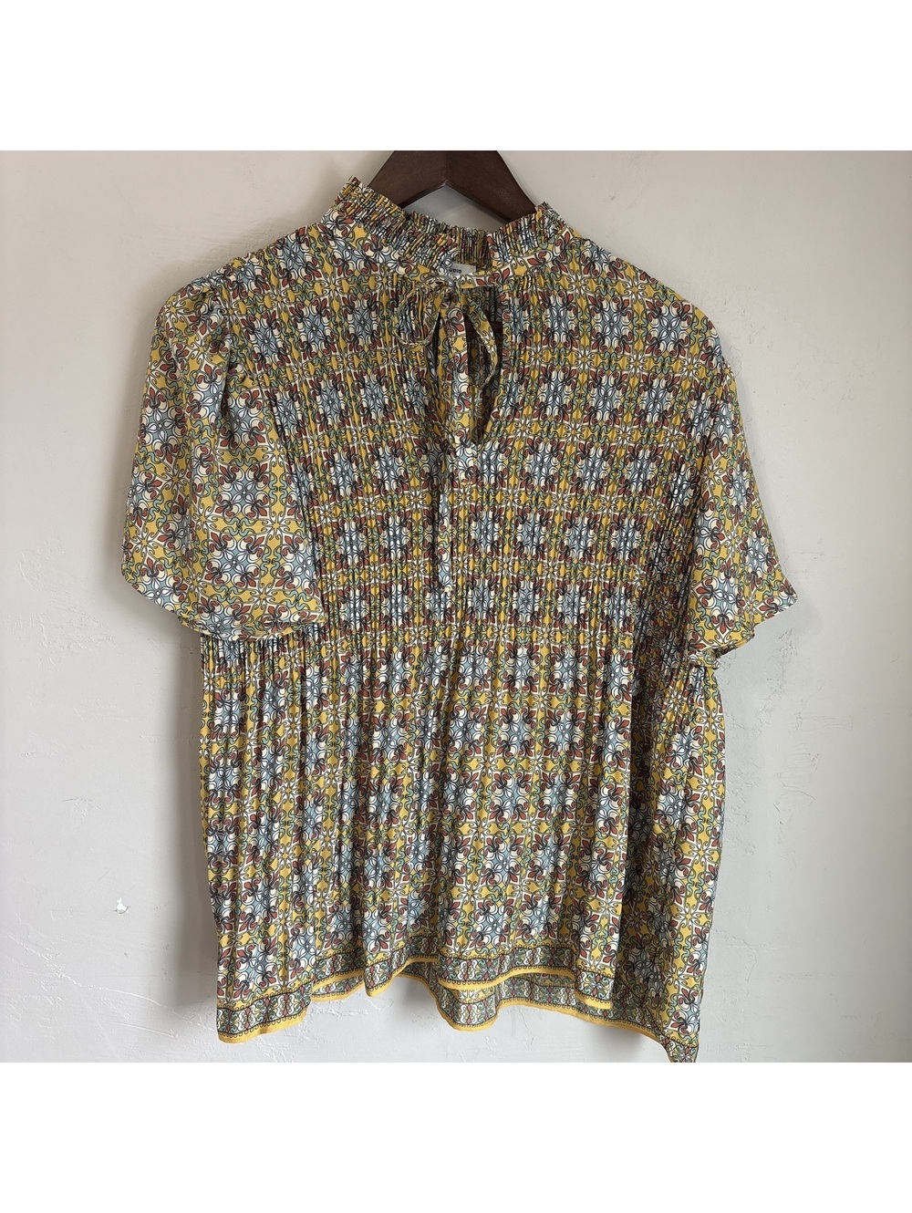 Max Studio Yellow Teal Floral Paisley Pleated Smocked Mock Neck Blouse Small